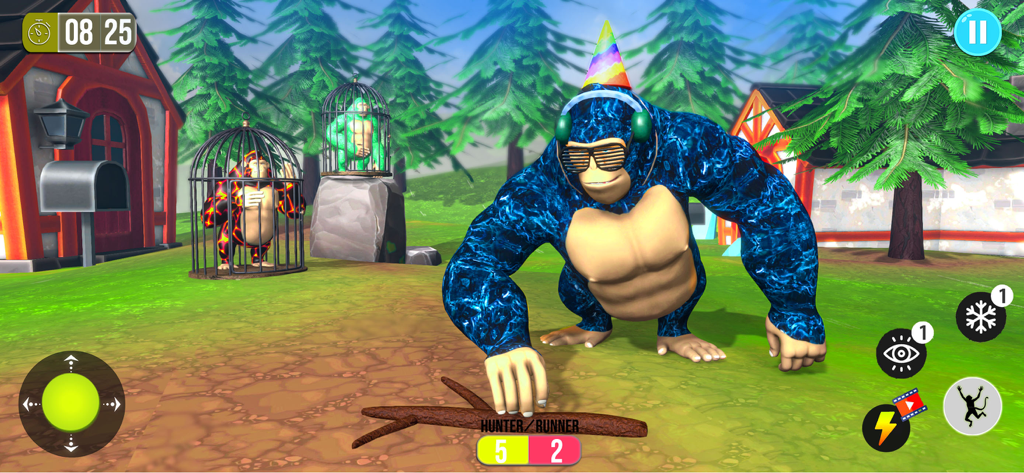Monkey Monster Survival PEAK - Personaje mono azul con sombrero de fiesta y gafas de sol en un nivel de juego de bosque