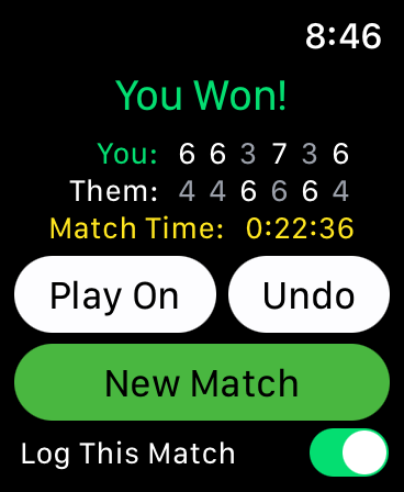 Tennis - Score Keeper - Apple Watch screen showing tennis match scores, winner notification, and match duration.