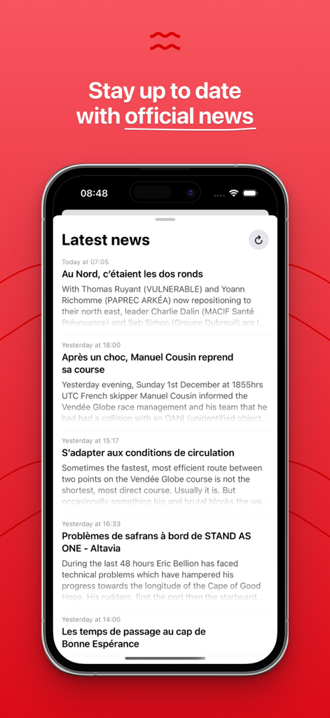 Vendée Live - Smartphone screen displaying the latest news feed of the Vendee Live sailing race app