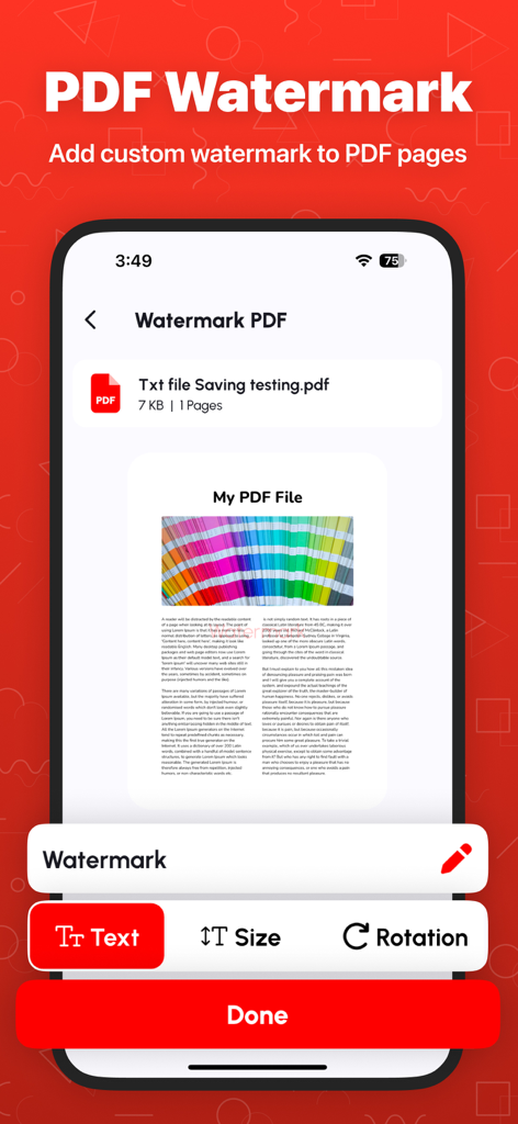 Merge PDF - Combine PDF - Pantalla del iPhone que muestra la función de marca de agua de PDF con opciones de tamaño de texto y rotación
