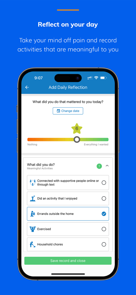 Manage My Pain - Una pantalla de teléfono inteligente que muestra la función de reflexión diaria de la aplicación Manage My Pain para rastrear actividades significativas.