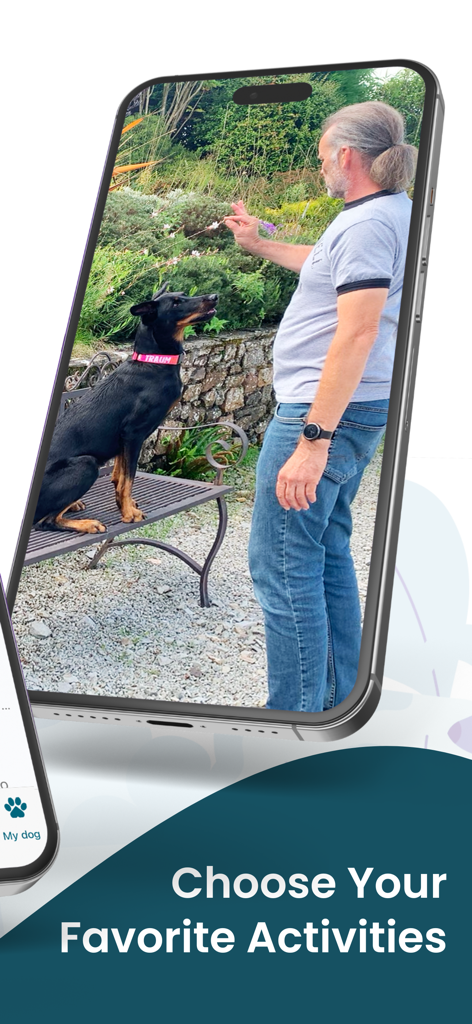 DOGLi - Dog Enrichment & Games - Smartphone screen displaying dog enrichment activities in a garden setting with text Choose Your Favorite Activities