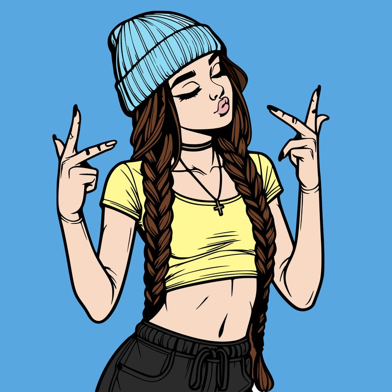 realistic teenage girl with braids and a beanie and crop top doing 🫶🏼
