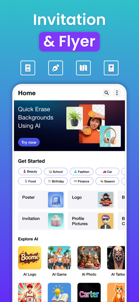 招待状チラシとロゴデザインオプションを示すCanvas AIアプリのインターフェイス