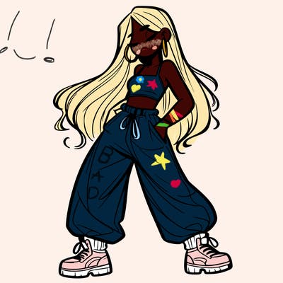 girl in baggy pants crop top and long hair