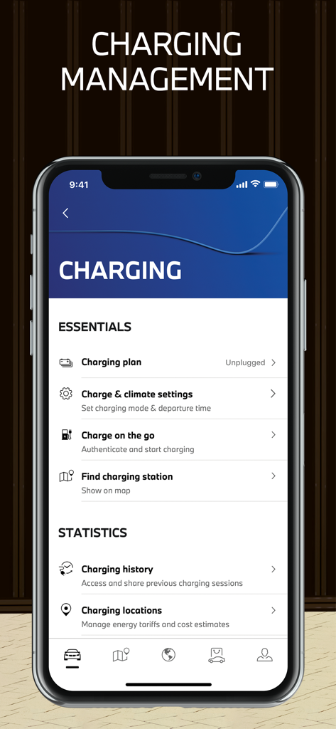 My BMW - Schermata di gestione della ricarica dell'app My BMW che mostra gli elementi essenziali per veicoli elettrici e le statistiche di ricarica su uno smartphone.