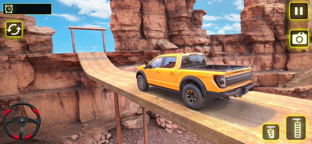 Jeep Rally Hill Offroad - Yellow pickup truck driving on a narrow wooden ramp in a desert canyon