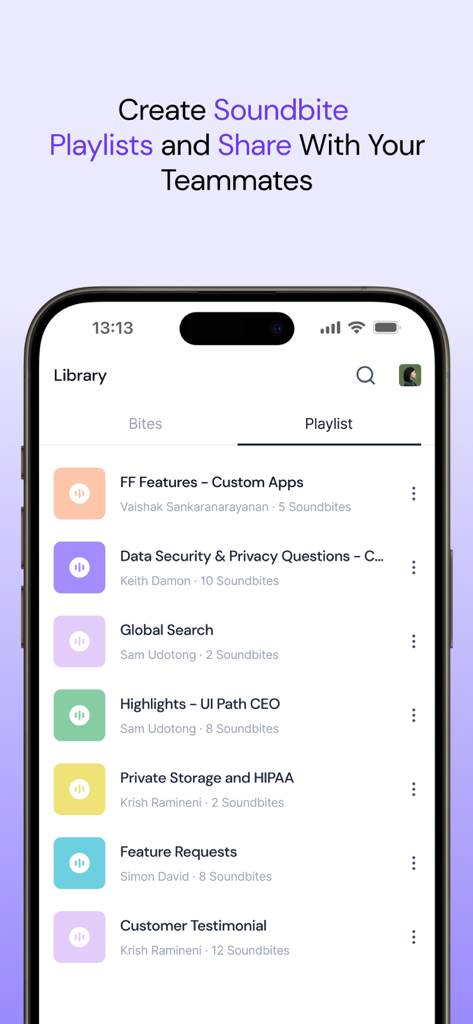 Fireflies: AI notetaker - Fireflies app library showing a collection of meeting soundbite playlists for team collaboration.