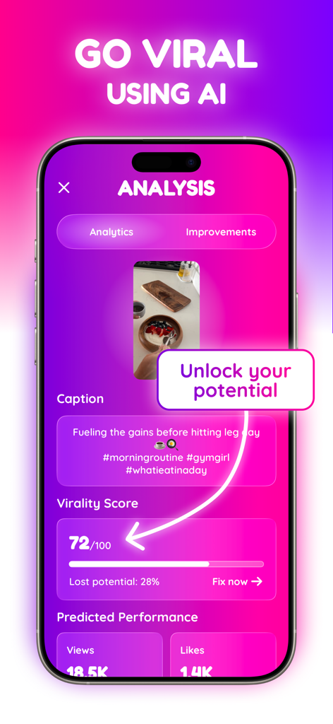 Blow Up - Go viral using AI - Blow Upアプリのインターフェースに、ソーシャルメディア成長のための動画バイラルスコアと予測視聴回数が表示されています