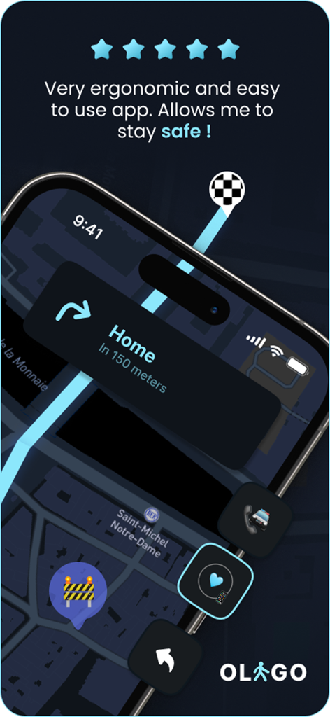 Olago app interface showing a safe walking route home with urban safety alerts and a five star user rating