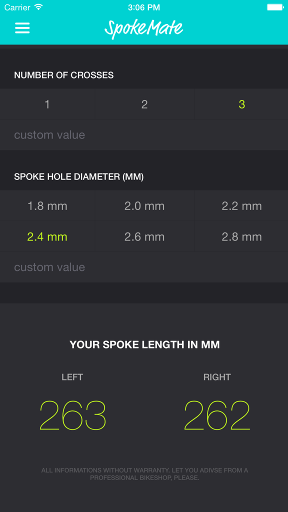 Bicycle spoke length calculation results in the SpokeMate mobile app interface