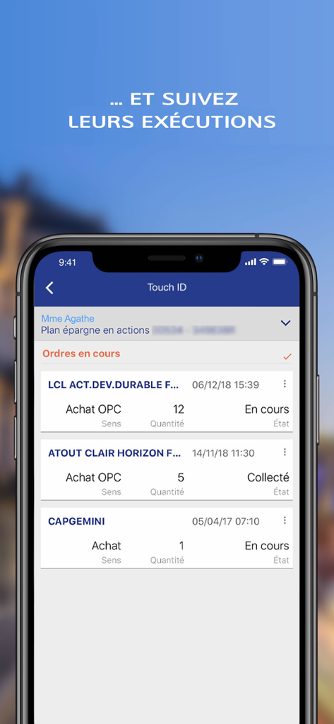 LCL Bourse - Interface de l'application LCL Bourse suivant les ordres en attente sur le marché boursier sur un iPhone