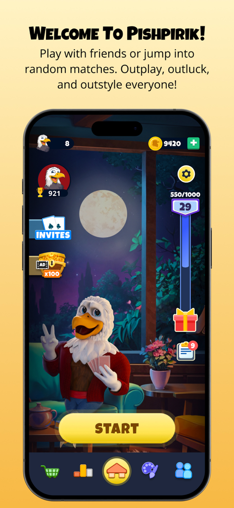 Pishpirik - Menú principal del juego de cartas Pishpirik para móviles con un personaje mascota águila sosteniendo cartas