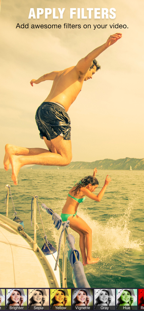 Slow Motion Video & Speed Up - Interface de aplicativo móvel mostrando vários filtros de vídeo como sépia e vinheta sendo aplicados a um vídeo de verão