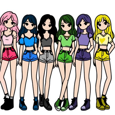 a group of girls wearing crop tops and shorts