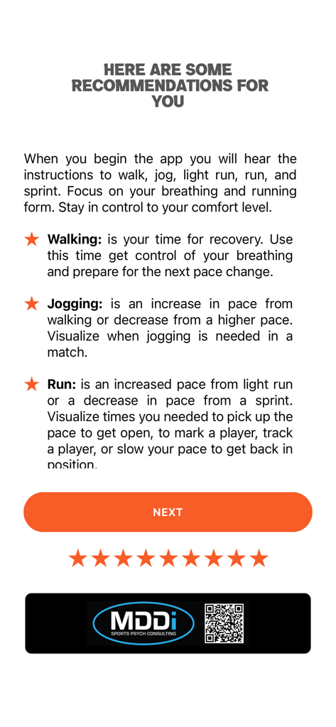 Pantalla de la aplicación Match-Fit con recomendaciones de entrenamiento de fútbol para diferentes intensidades de carrera