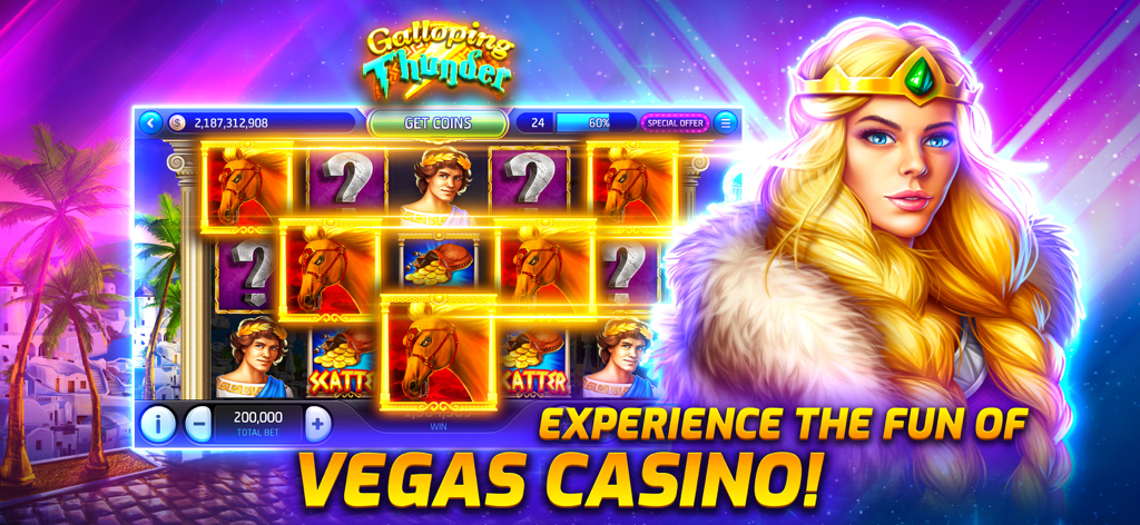 Jackpot Zoo™ Slots Casino Game - Jackpot Zoo slots game screen featuring the Galloping Thunder Greek themed slot machine with a blonde goddess character