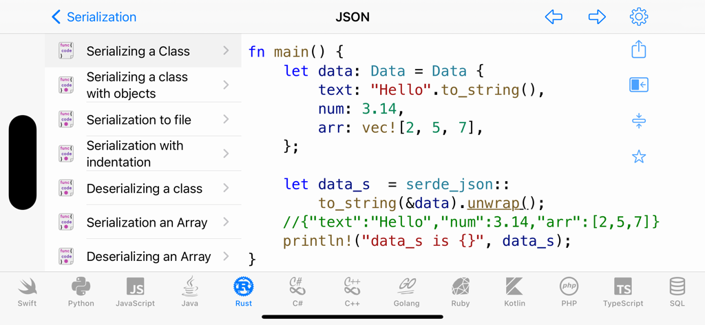 Code Recipes app showing a Rust code snippet for JSON serialization