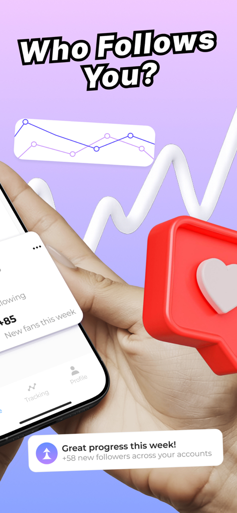 Katcha : social media tracker - Katcha app dashboard showing a line graph of social media follower trends and a notification for new fans.