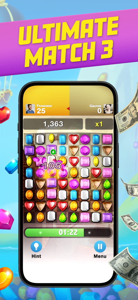 Diamond Strike - Match 3 Games - A screenshot of Diamond Strike Match 3 gameplay showing a gem puzzle board and multiplayer scores