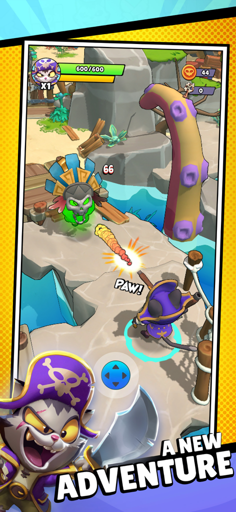 Mighty Calico - A pirate cat character engages in battle against enemies in a vibrant action RPG world.