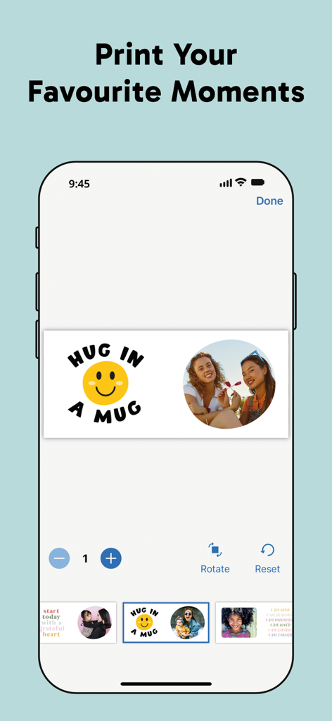 Interface de l'application Photo Prints plus montrant un design de tasse photo personnalisée avec une image personnelle et un graphique de smiley.