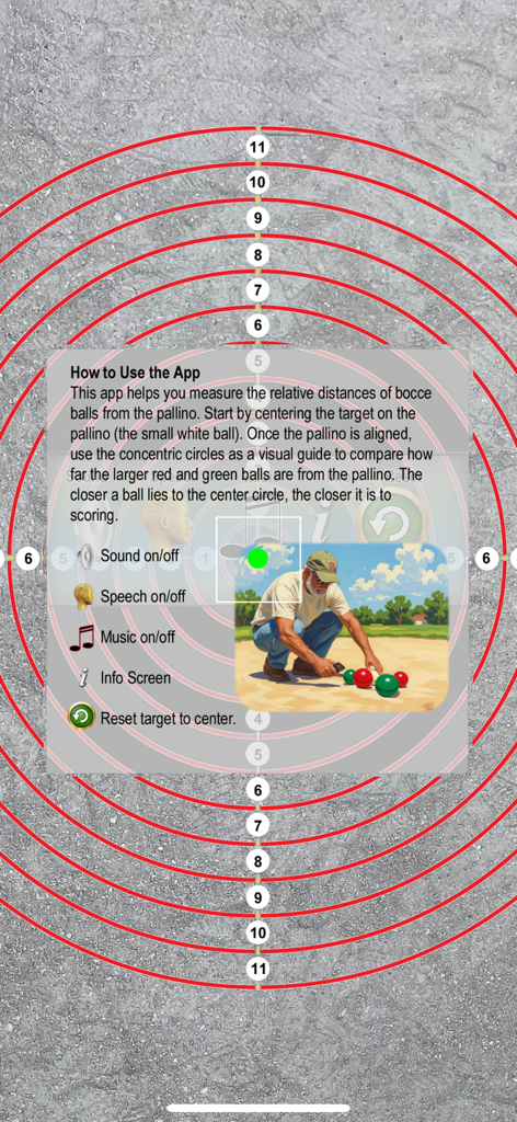 Bocce Target - Instruction screen for the Bocce Target app showing how to use concentric circles to measure distance between balls.
