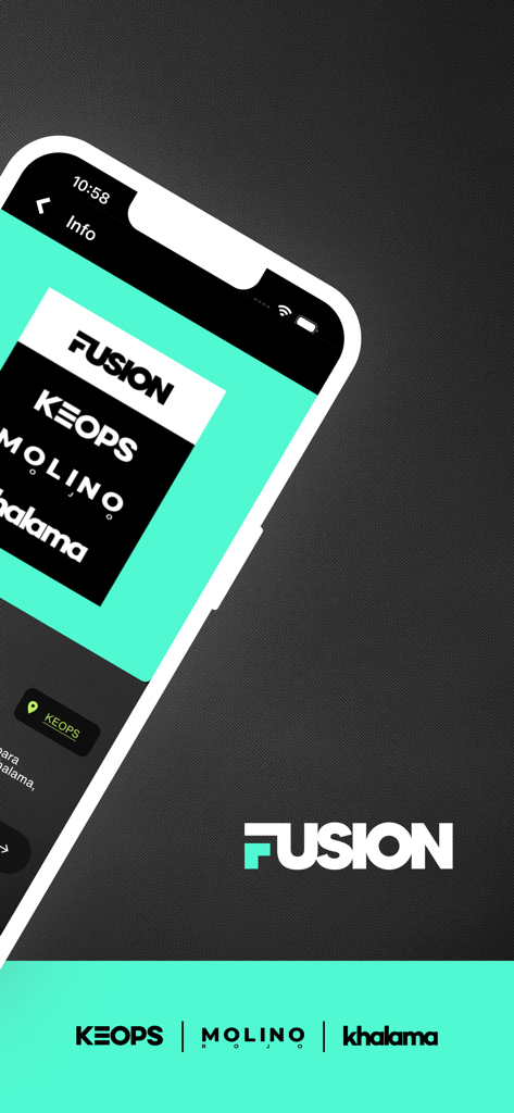 FUSION mobile ticketing app interface showcasing event venues and partners.