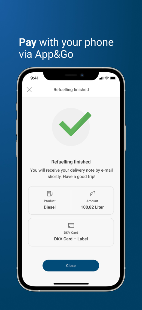DKV Mobility - Capture d'écran de l'application DKV Mobility affichant une confirmation de ravitaillement et de paiement réussie via la fonctionnalité App and Go.