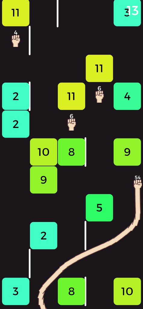 A screenshot of Snake VS Block gameplay showing a snake of balls weaving through numbered green and yellow blocks