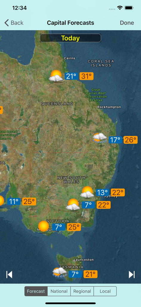 Oz Weather Plus app showing today capital city weather forecasts on a map of Eastern Australia