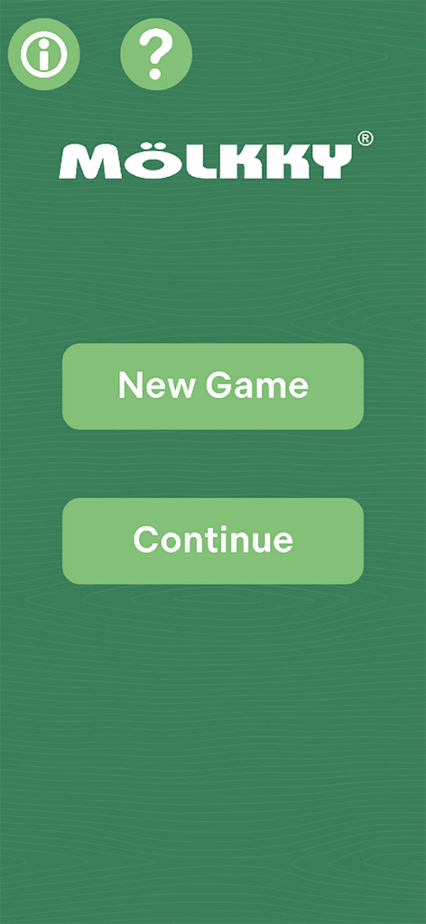 Molkky Game Tracker App Startbildschirm mit den Schaltflächen Neues Spiel und Fortsetzen auf grünem Hintergrund