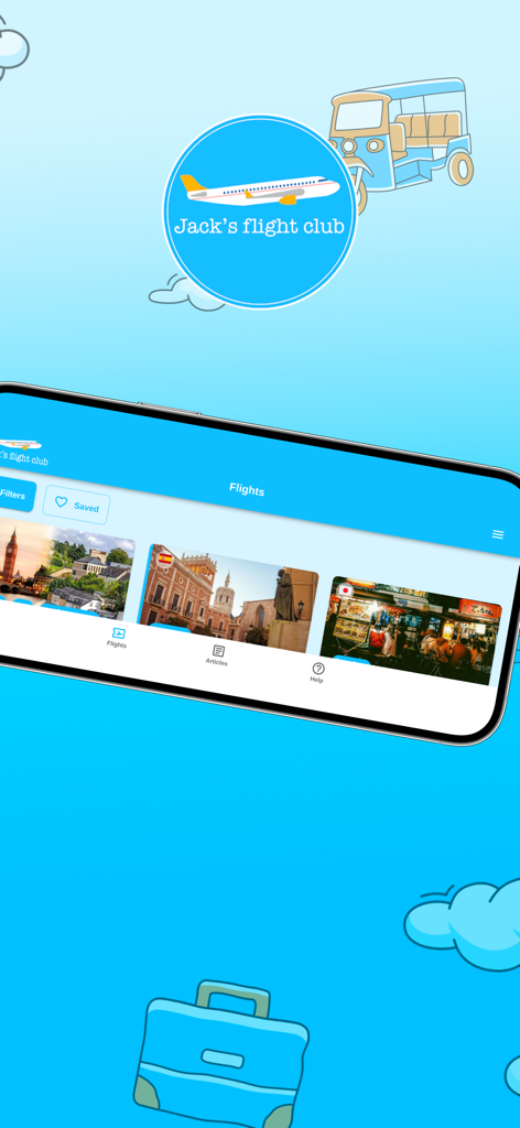 Teléfono inteligente mostrando ofertas de vuelos a destinos internacionales en la aplicación Jacks Flight Club