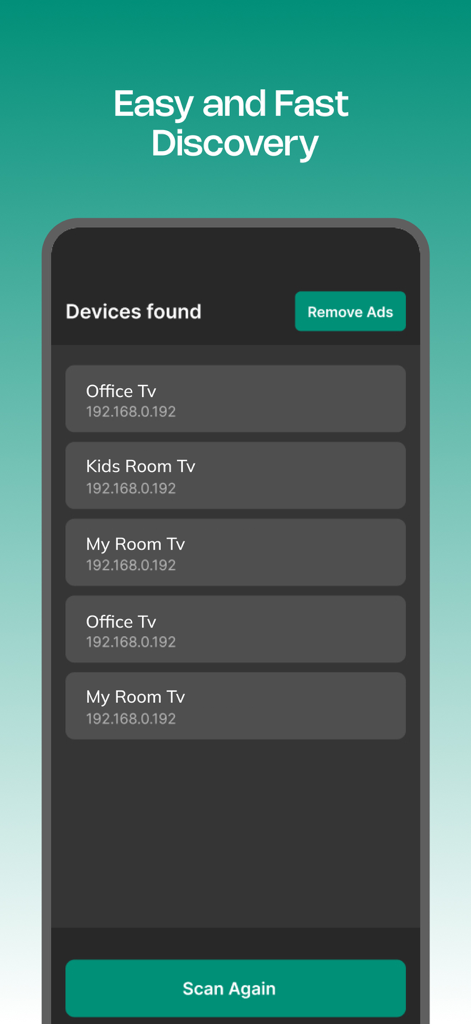 Interface of the SenseMote app showing a list of discovered Hisense TVs on a local Wi-Fi network