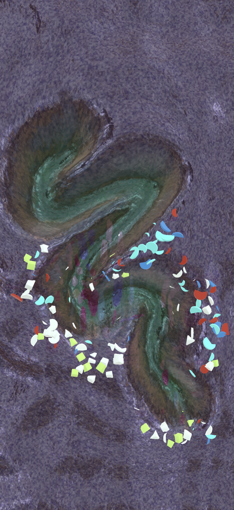 Slime Studio - A swirl of green slime with colorful geometric charms on a purple textured background.