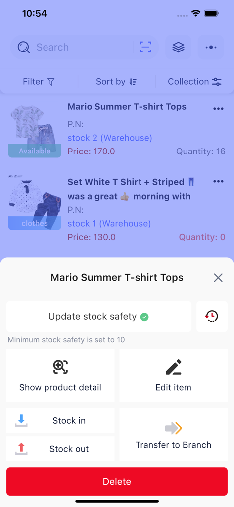 Yene Stock - Manage Inventory - Mobile app interface showing inventory management options for retail products including stock safety and branch transfers
