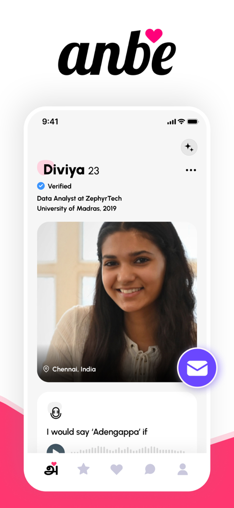 Anbe - Date The Tamil Way - Verified user profile on the Anbe Tamil dating app showing career information and messaging options