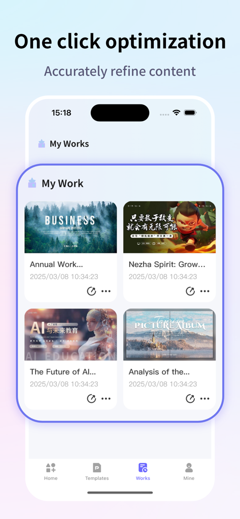 AI PPT - A mobile app interface showing a collection of saved AI-generated presentation projects with various professional themes