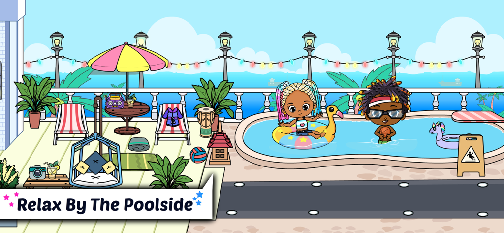 Tizi Home Design My Hotel City - Kinder spielen in einem Hotel-Dachpool mit Spielzeug und Liegestühlen