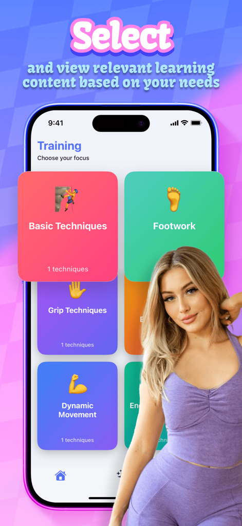 Zemra app screen showing various climbing training categories like footwork and grip techniques