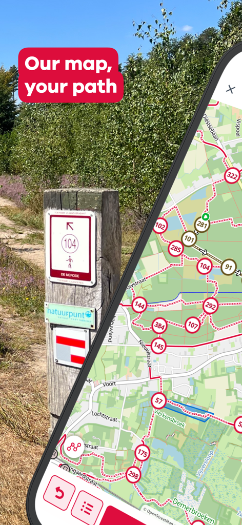 NodeMapp Hike - Smartphone screen showing a hiking node map next to a physical trail marker post