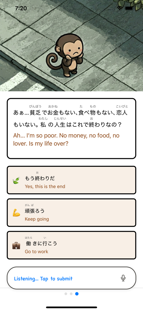 Interfaz de la aplicación móvil SpeakRPG que muestra una escena de historia de idiomas japonés con un personaje mono y opciones de diálogo.