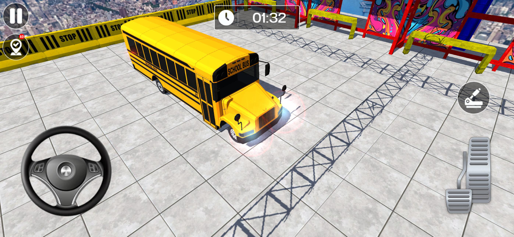 A yellow school bus on a sky-high platform in the Sky Bus Mega Ramp Drive game