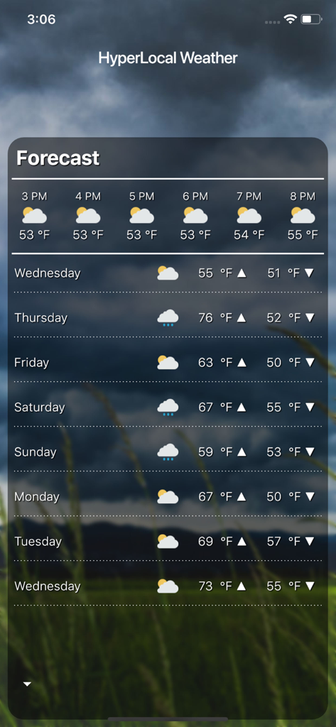 Hyper Local Weather - Hyper Local Weather app interface showing hourly and weekly weather forecasts