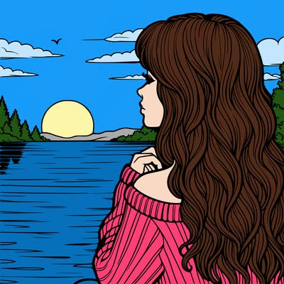 realistic girl at a lake watching the sunset