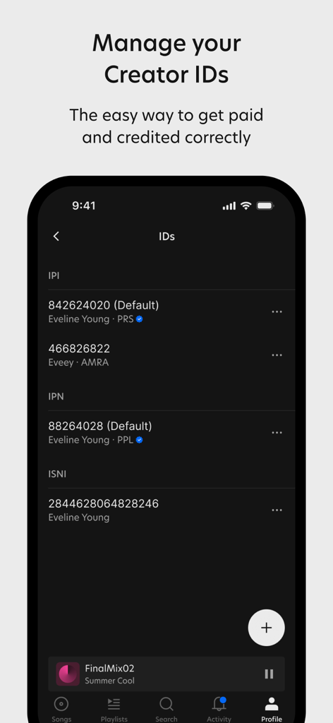 Session Studio - Session Studio mobile app screen for managing music creator identifiers like IPI, IPN, and ISNI