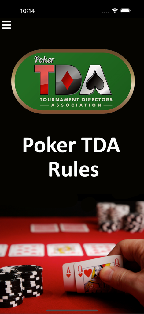 Official Poker TDA Rules - The home screen of the Official Poker TDA Rules app showing the Tournament Directors Association logo and a poker table