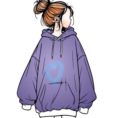 realistic girl with a oversized sweatshirt on and a bun