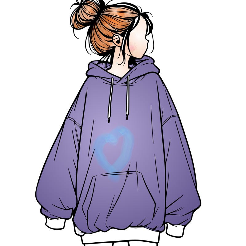 realistic girl with a oversized sweatshirt on and a bun