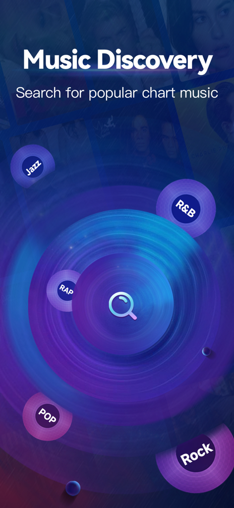 MP3 Converter - Audio Trimmer - Interfaz para descubrir y buscar música popular de listas de éxitos por géneros como Jazz, R&B, Rap, Pop y Rock.